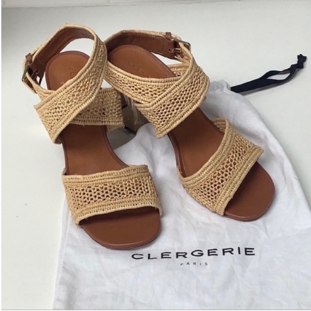 Robert Clergerie Natural Raffia Ankle Wrap Gold Block Heel Sandals 9